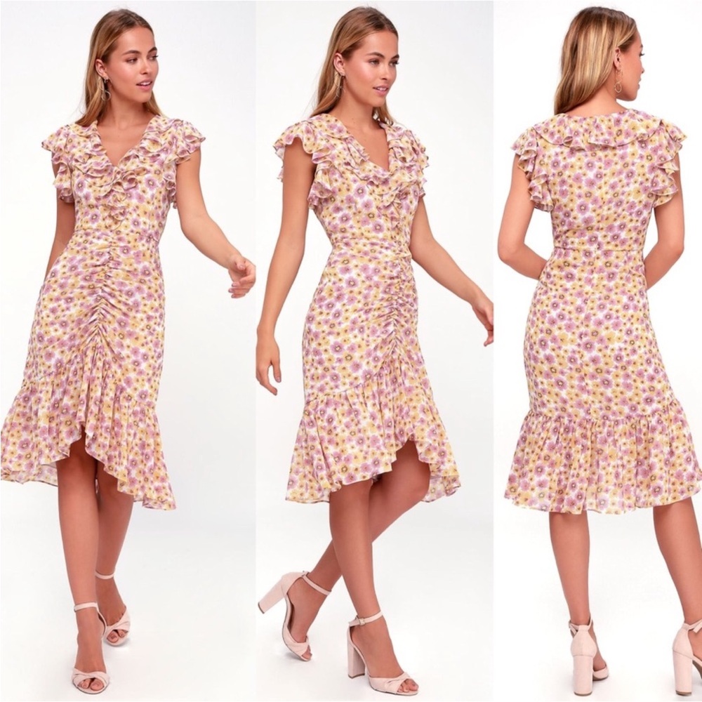 WAYF Daphne pink and yellow floral print midi ruffle dress. MED. COTTAGECORE - Picture 1 of 16